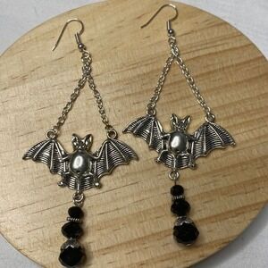 Bat Dangle‎ Earrings Gothic Halloween Costume Vampire Statement Silvertone 2in